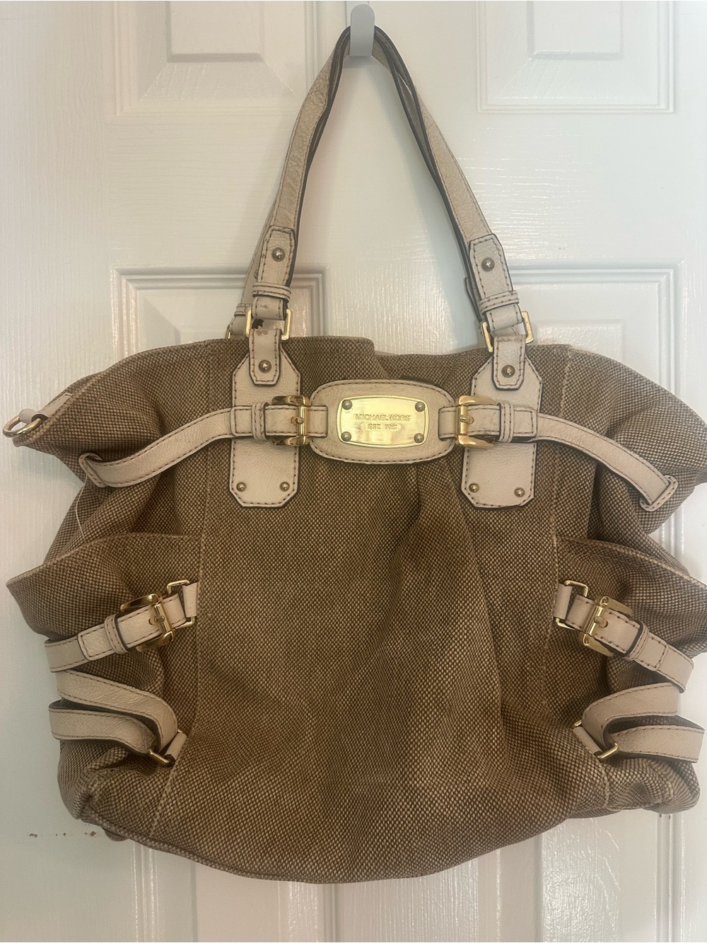Michael Kors Brown Canvas & Cream Leather Large Shoulder Tote Bag